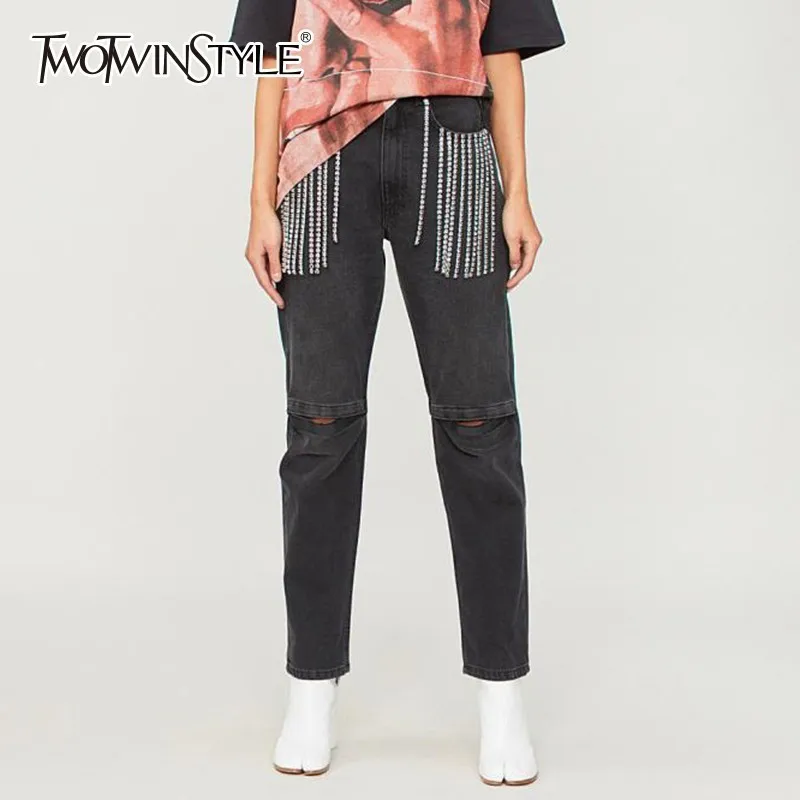 Женские джинсовые брюки TWOTWINSTYLE с бахромой и стразами в стиле пэчворк уличная