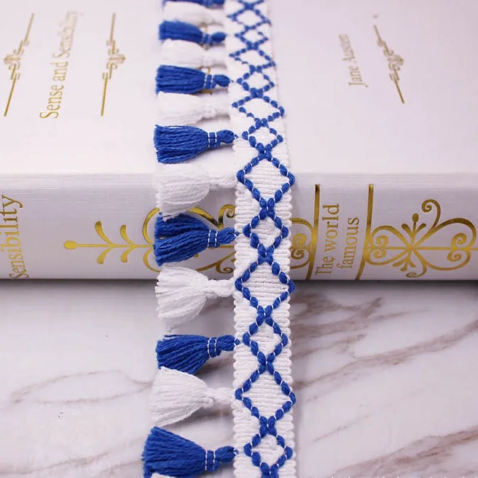 White - Blue LS-004 1 ярд/Лот, кружевная лента для шитья, помпоны, отделка кисточками, помпоны, отделка 5 см, ширина, шар, бахрома, вышивка, ткань для одежды, аксессуары ручной работы - Цвет: White - Blue LS-004