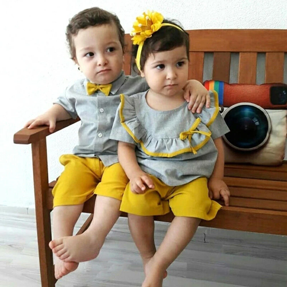 Комплект одежды для малышей, футболка с надписью «Big/Little Sister Brother» и шорты Одинаковая одежда для семьи летняя семейная одежда, однотонные футболки, От 0 до 3 лет