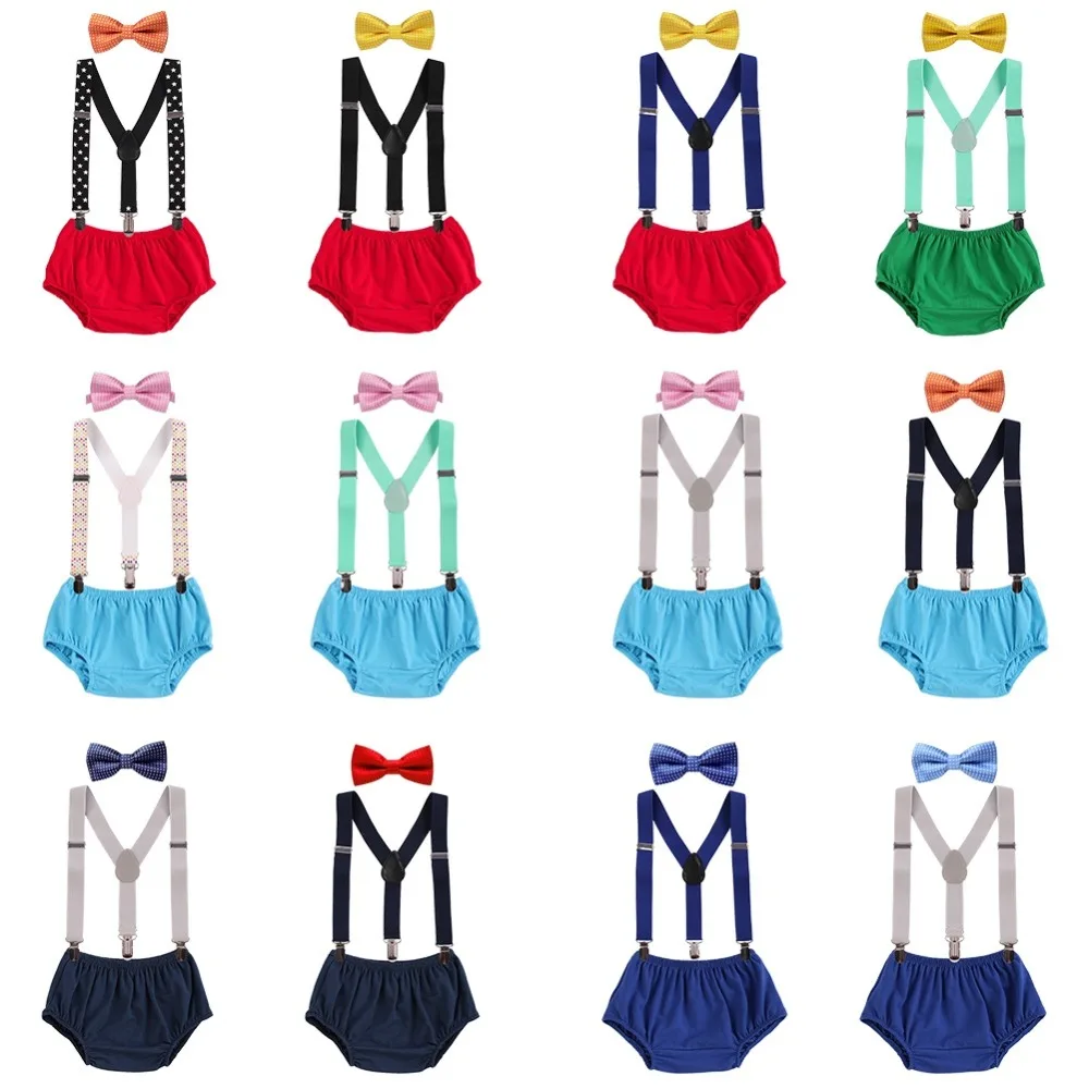 Cute Baby Boy Girl Clothes 3pcs Sets Diaper Cover Bottoms + Suspenders Bow tie Wedding Birthday Cake Smash Outfit | Детская одежда и