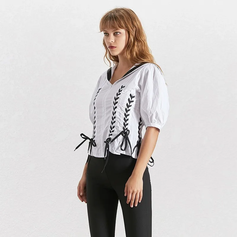TWOTWINSTYLE Casual Bandage Blouse For Women O Neck Puff Sleeve Tunic Shirt Female Fashion Preppy Style Clothes 2019 Summer |