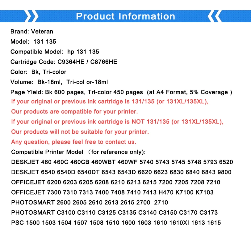 Чернильный картридж Veteran совместимый с hp 131 135 для принтера Deskjet 460 5743 5940 5943 6843 photosmart