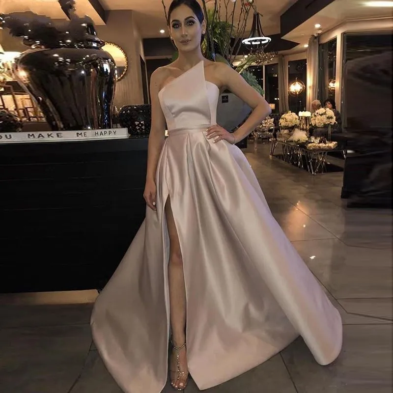 SHJ751 Long Evening Dress 2019 Simple Elegant Split Lebanon Strapless Arabic Style Champagne Women Formal Gowns | Свадьбы и