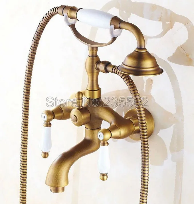 Античный латунный настенный кран для ванной комнаты с ручной душевой головкой