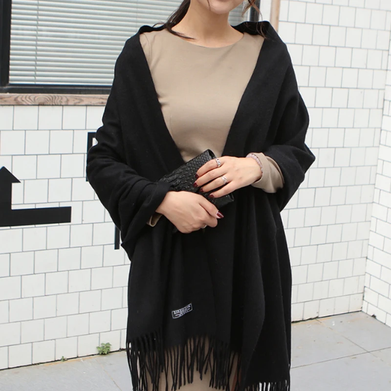 High Quality Pure Wool Winter Scarf Women Scarves Solid Color Lady Pashmina Tassel Large Black/Pink/Pink Women's Shawls |