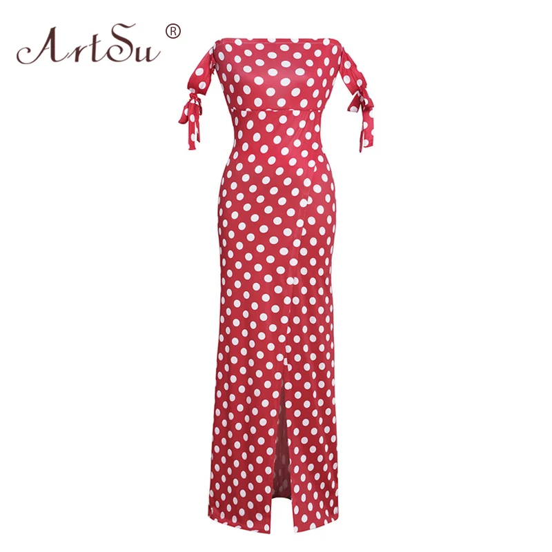 Женское длинное вечернее платье в горошек ArtSu синее черное красное желтое макси с