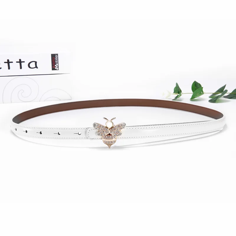 gold buckle white Брендовые дизайнерские тонкие ремни из натуральной кожи для женщин модные стразы пряжка в виде пчелы платье ремень женский Высокое качество Роскошный ремень - Цвет: gold buckle white