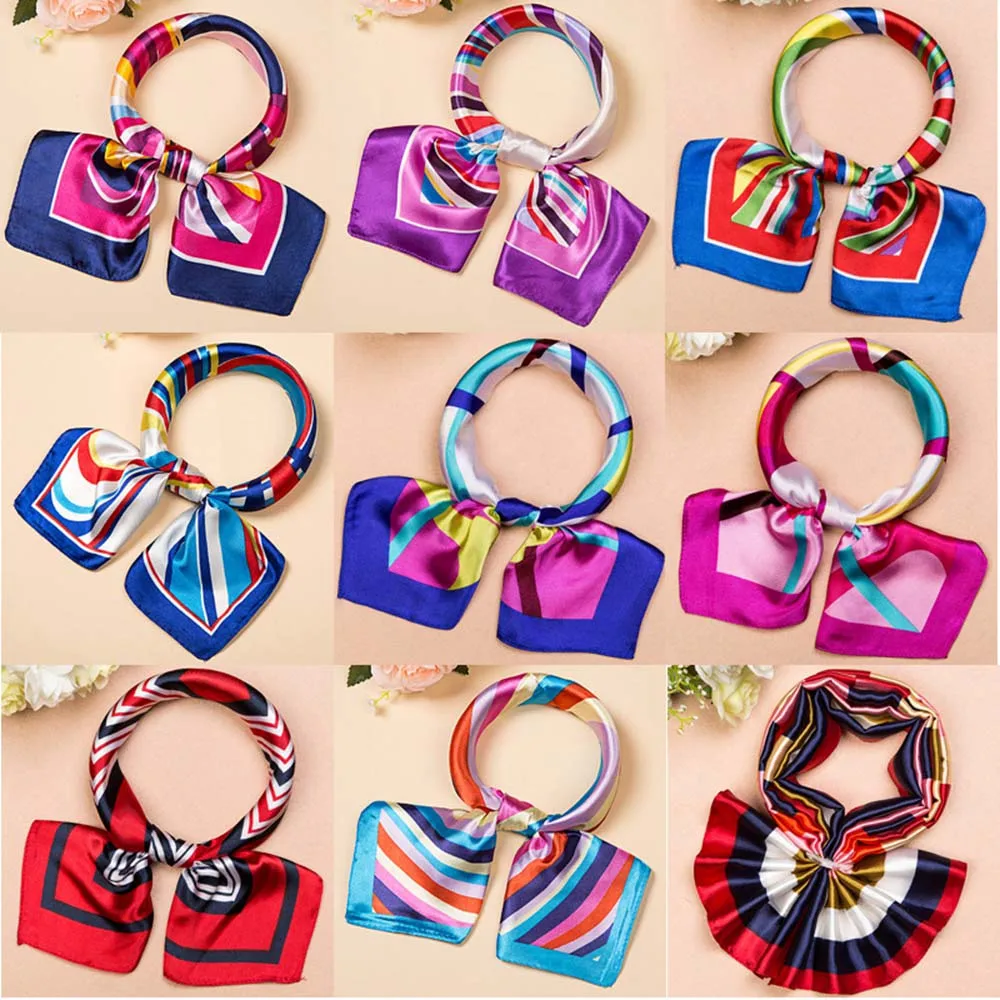 

New Silk Satin Scarf Women Square Scarves Hair Tie Band For Business Party Lady Print Scarf Skinny Head Neck Scarf+Scarf Buckle