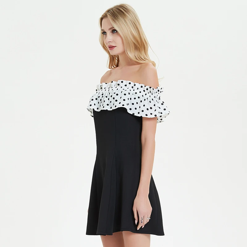 

UGUEST 2019 Summer Ruffles Women Mini Dress Black Dot Slash Neck Sexy Dress Causal Beach wear