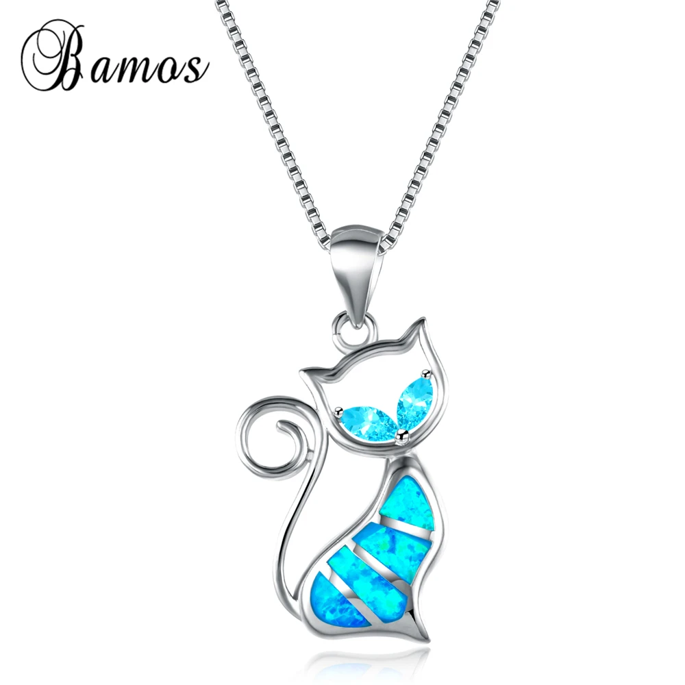 Ожерелье женское с подвеской в виде котенка из голубого огненного опала|cat pendant