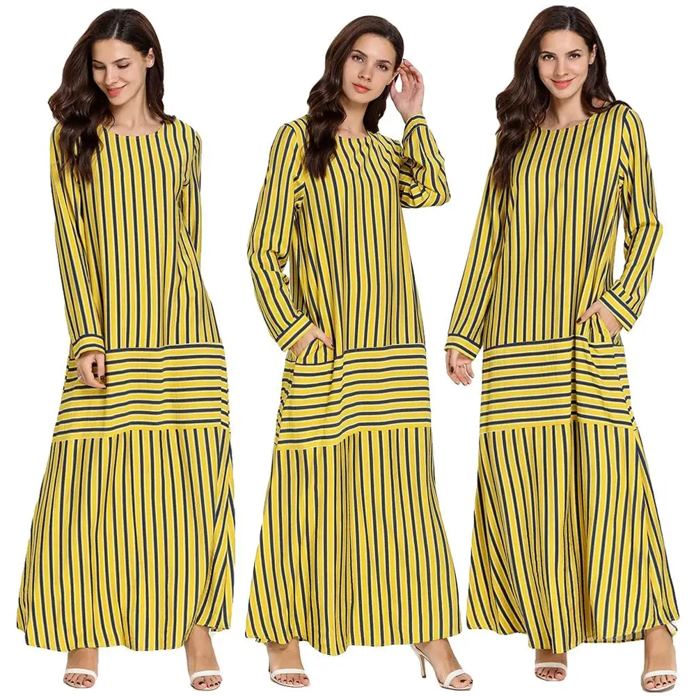 Полосатое лоскутное мусульманское платье Абая для женщин с длинными рукавами