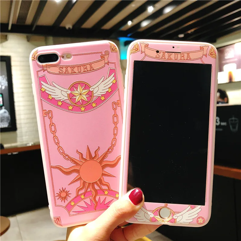 Case For iphone 11 pro 7 8 6 6s Plus Cute Cartoon Sakura phone Cover+Tempered Glass Screen Protector for iPhone X XR XS Max |