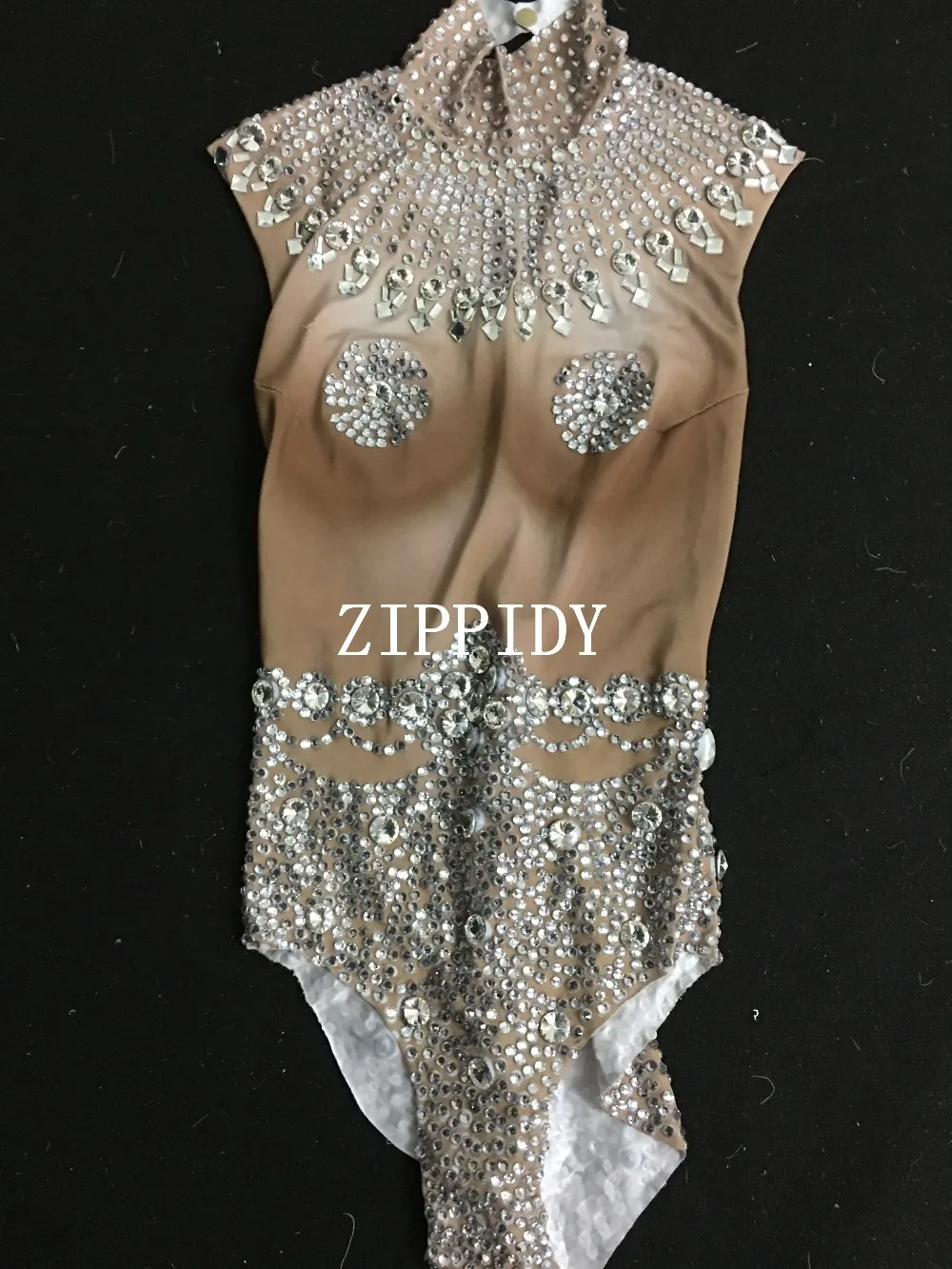 Sparkly Stretch Nude Crystals Leotard Sexy Stage Dance Costume Female Singer Bling Tassels Leotard Performance Dance Wear