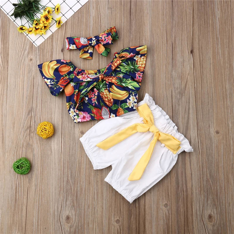 Новый летний комплект одежды для маленьких девочек футболка с фруктовым принтом
