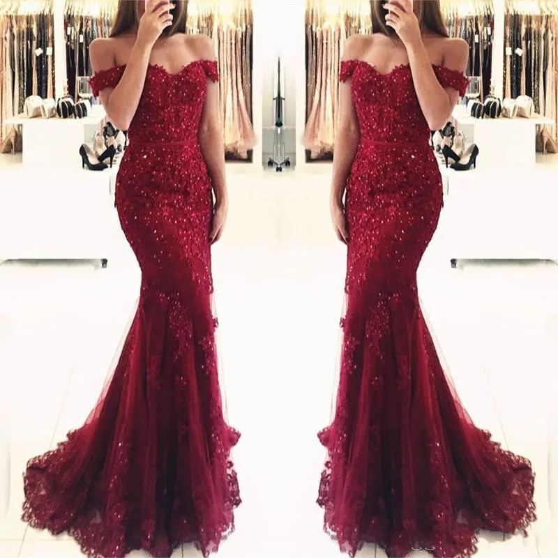 burgundy Vestido de festa с открытыми плечами Русалка бордовые кружевные платья подружек невесты Аппликация из бисера Вечерние платья для выпускного вечера - Цвет: burgundy