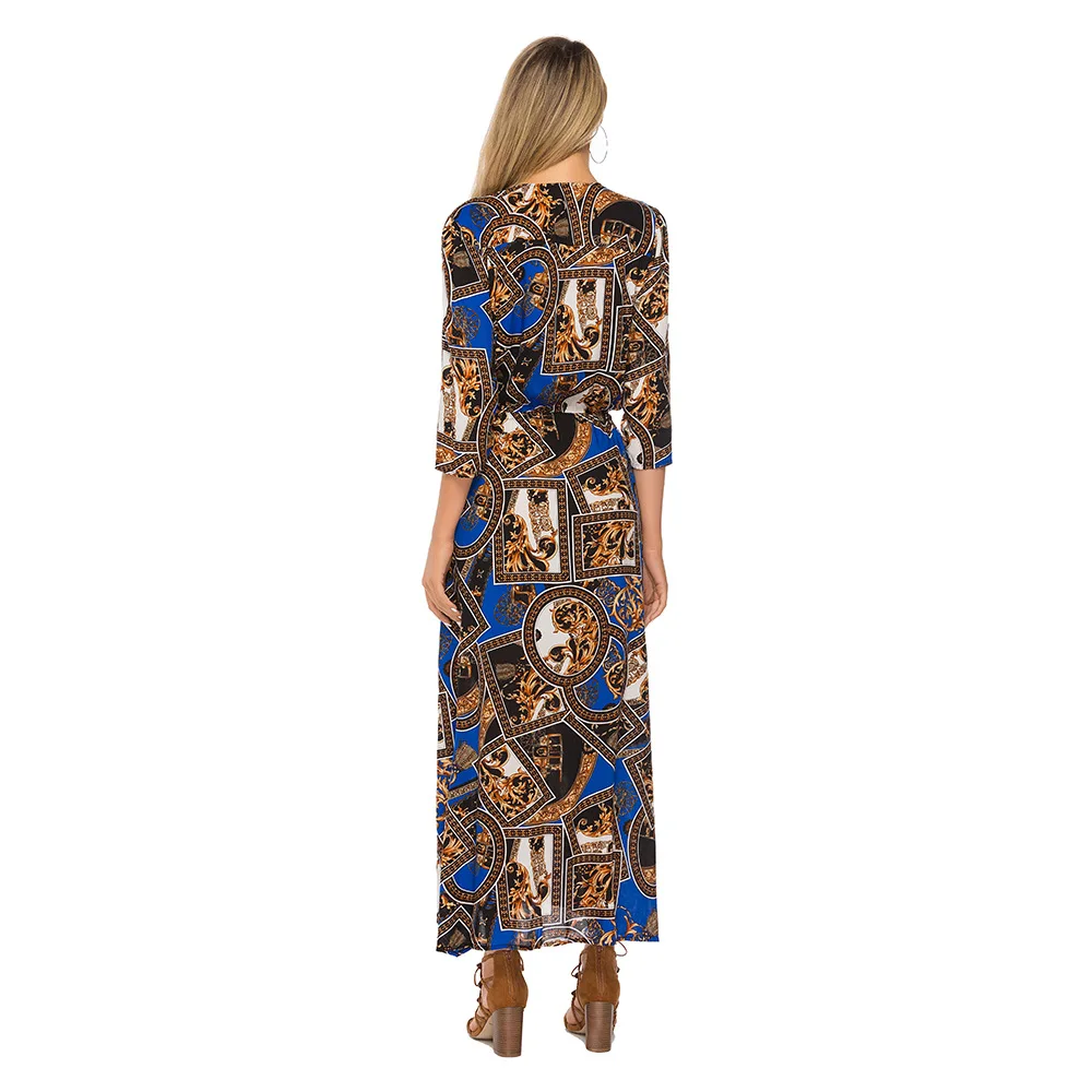 

Popular Women's Dress Deep V-Neck Print Explosion Dress 2019 Summer Bohemian Style Long Dress New Women's Travel Beach Dresses