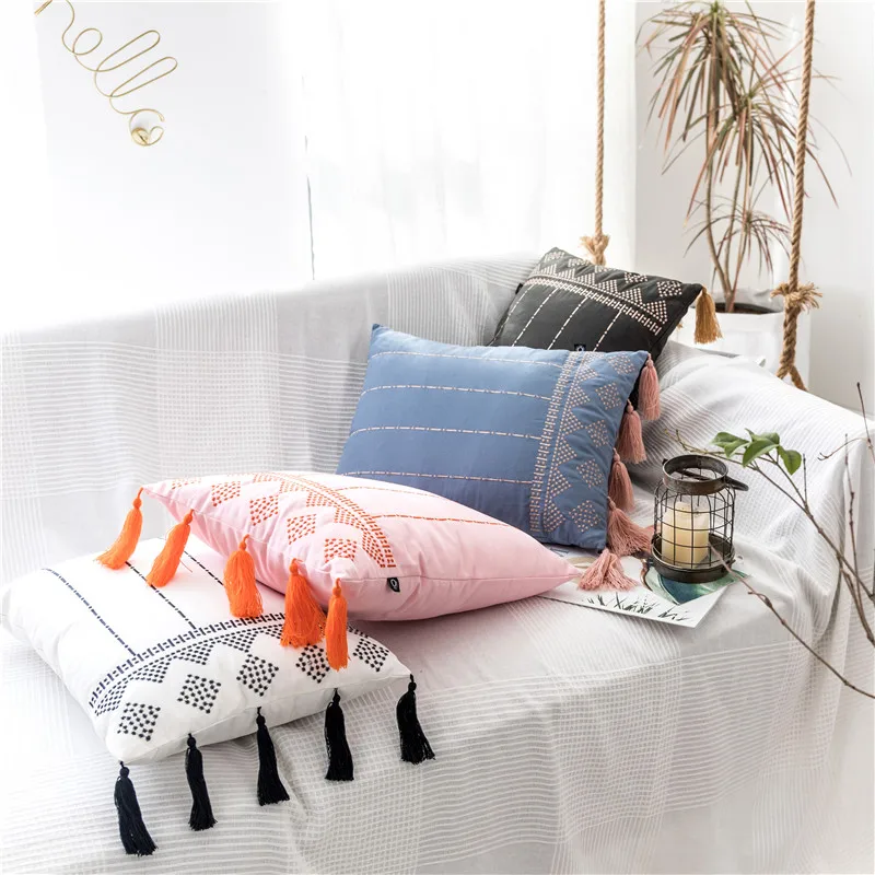 Spring Cushion Cover Pink Blue Black White Home Decorative Embroidery Tassels Pillow Cover for Home Sofa Bed Rectangle 38x48cm