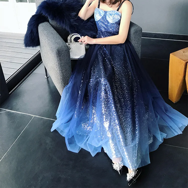 Для женщин Роскошные Chic блесток сетки длинное платье 2018 лето скольжения без
