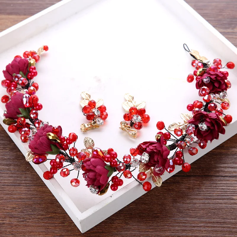 Женский жемчужный головной убор с красным цветком и золотым листьем украшение