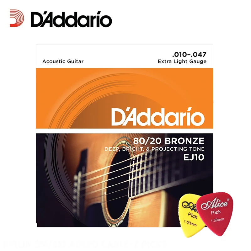 

Струны для гитары D'Addario EJ10 80/20 бронзовые для акустической, гидравлический манометр, гитарные струны Daddario 010-047 (с 2 медиаторами)