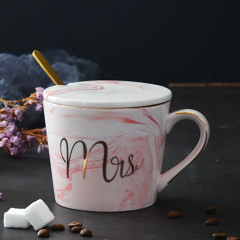 Cup lid spoon(pink)1 Мраморная керамика в европейском стиле кружка с позолоченными краями офисная кружка чашка для молока подарочный набор эмалированная кофейная круглая кружка для кофе для пар - Цвет: Cup lid spoon(pink)1