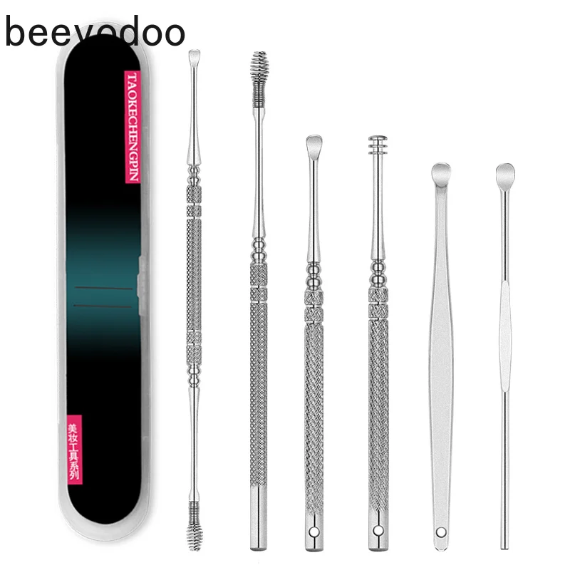 

6 шт./компл., серебро, нержавеющая сталь, очиститель для ушей, ложка для удаления ушной серы, чистка ушей, Удаление воска, очиститель для ушей, ...