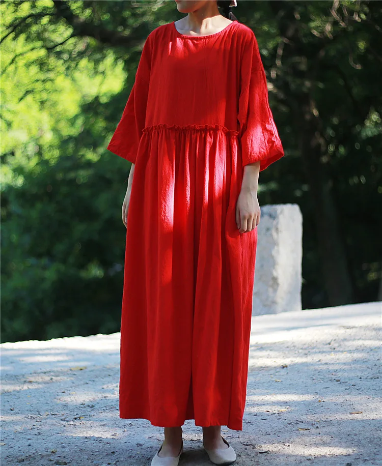 Женское длинное платье ORIGOODS Осеннее однотонное из хлопка и льна с круглым