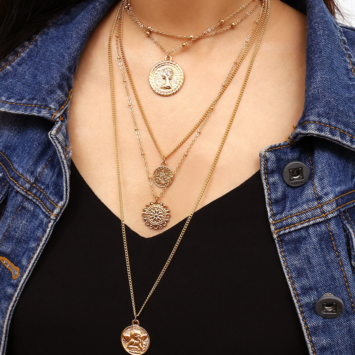 

2020 Multi Layer Long Chain Pendant Choker Necklace Collier Coin Retro Queen Jewelry Female statement Boho Collar Necklaces