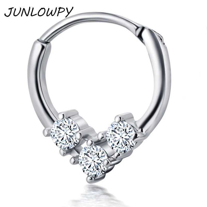 JUNLOWPY Tragus серьги дизайн Женская латунная перегородка кольцо в нос Циркон пирсинг Тело спиральный для хряща уха ювелирные изделия 1 шт - Окраска металла: Родиевое покрытие