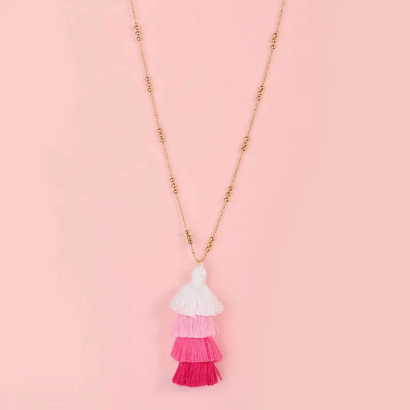 

Gold Balls Link Chains Bead Chain 3 Layers Cotton Tassel Pendant Statement Necklaces for Women