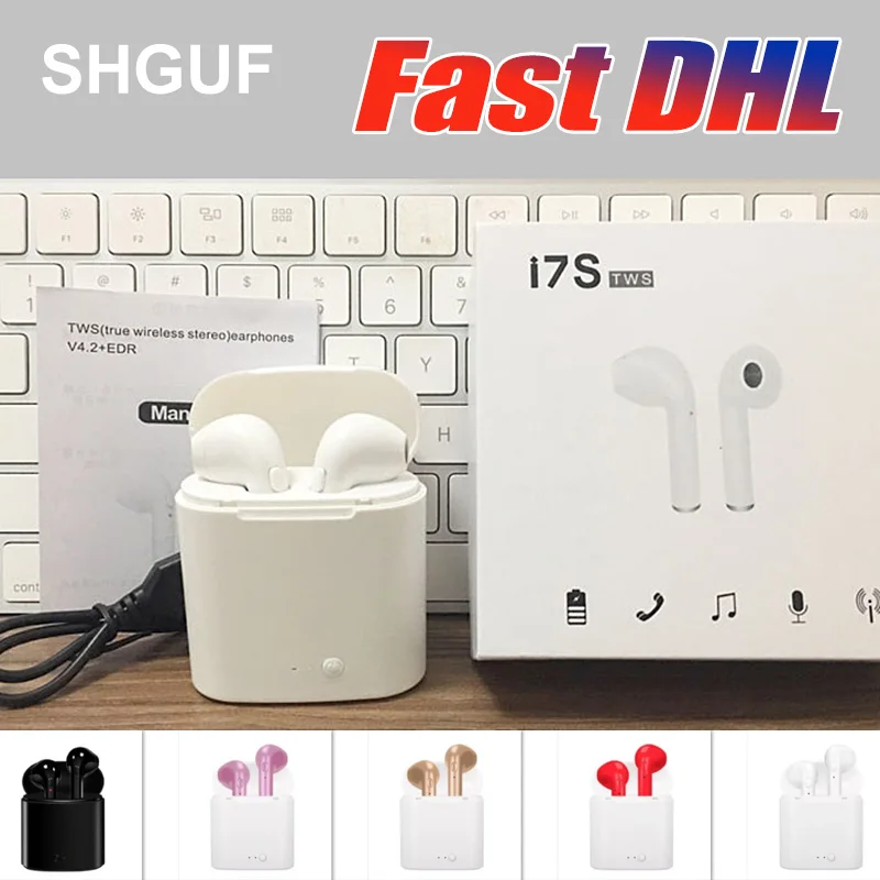 50 шт. Бесплатная DHL беспроводные наушники Mini i7s TWS Bluetooth вкладыши с зарядным