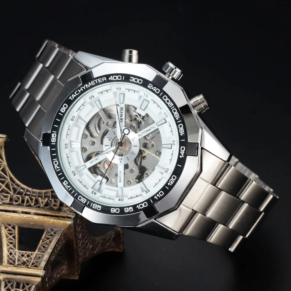 SEWOR спортивные дизайнерские механические часы с скелетом мужские из нержавеющей