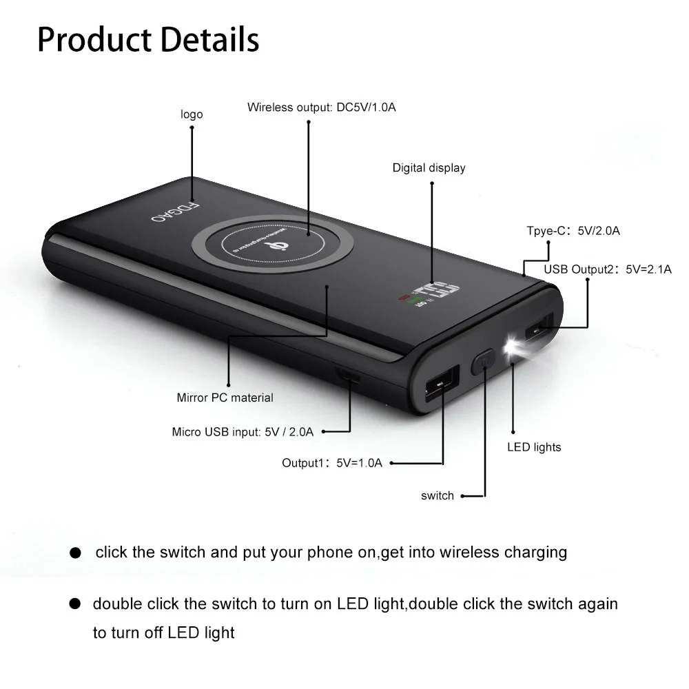 FDGAO 20000 мАч двойной USB внешний аккумулятор Внешняя батарея Qi Беспроводное