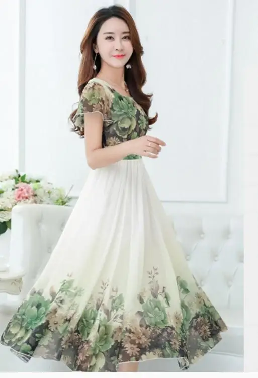 In the summer of 2017 new long chiffon dress temperament printed dresses beach with short sleeves | Женская одежда