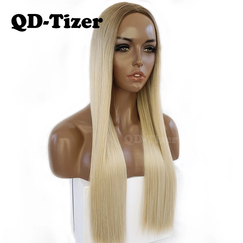 QD-Tizer светлые волосы длинные прямые Омбре блонд цвет без шнурка парик бесклеевой темный корень синтетические парики для черных женщин