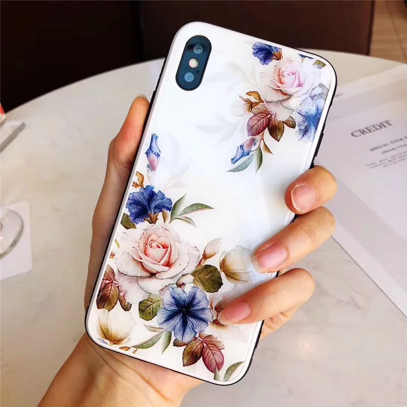 Красивый чехол из закаленного стекла с розами для iPhone 7, чехол для iPhone XS, XR, Max, чехол для iPhone 6, 6 S, 7, 8 Plus, X, Funda Coque