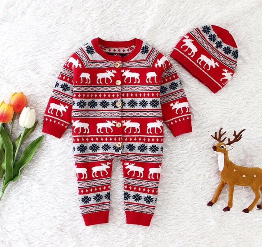 Christmas Baby Romper Deer Knitted Baby Clothes Newborn Baby Boy Girl Clothes Costume Cotton Infant Baby Jumpsuit With Hat