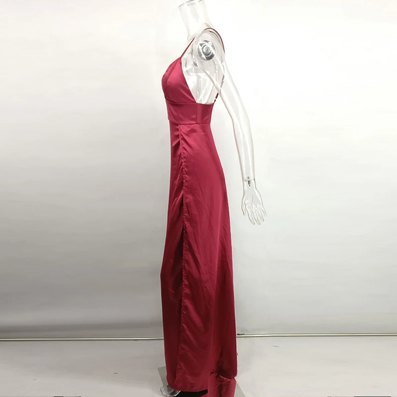 Classic V-neck Sexy Slit Satin Dress Spaghetti Strap Long Silk Ladies Evening Party Dresses Split High Waist Elegant Club Dress