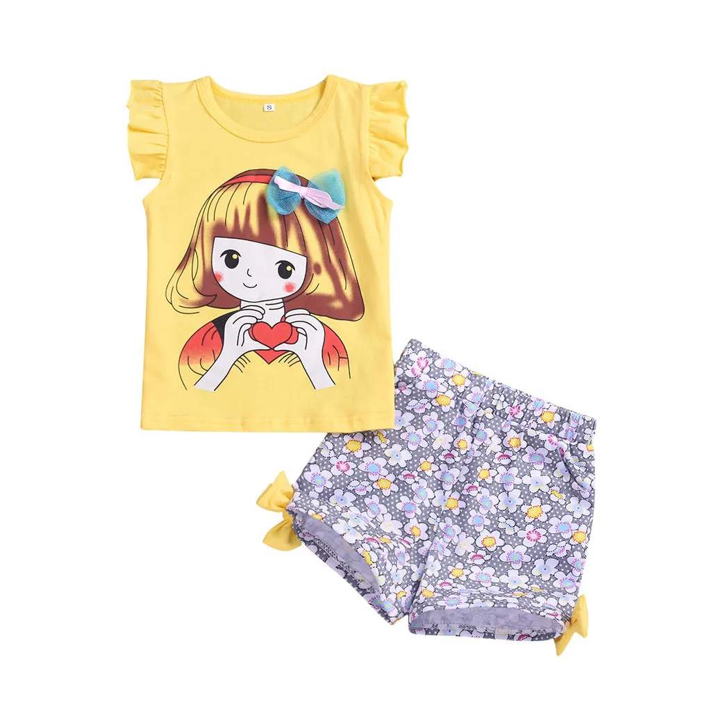 Toddler Kids Clothes Girl Cartoon Printed Sleeveless Tops+Floral Shorts Outfits Girls Summer Set Moda Infantil Menina |