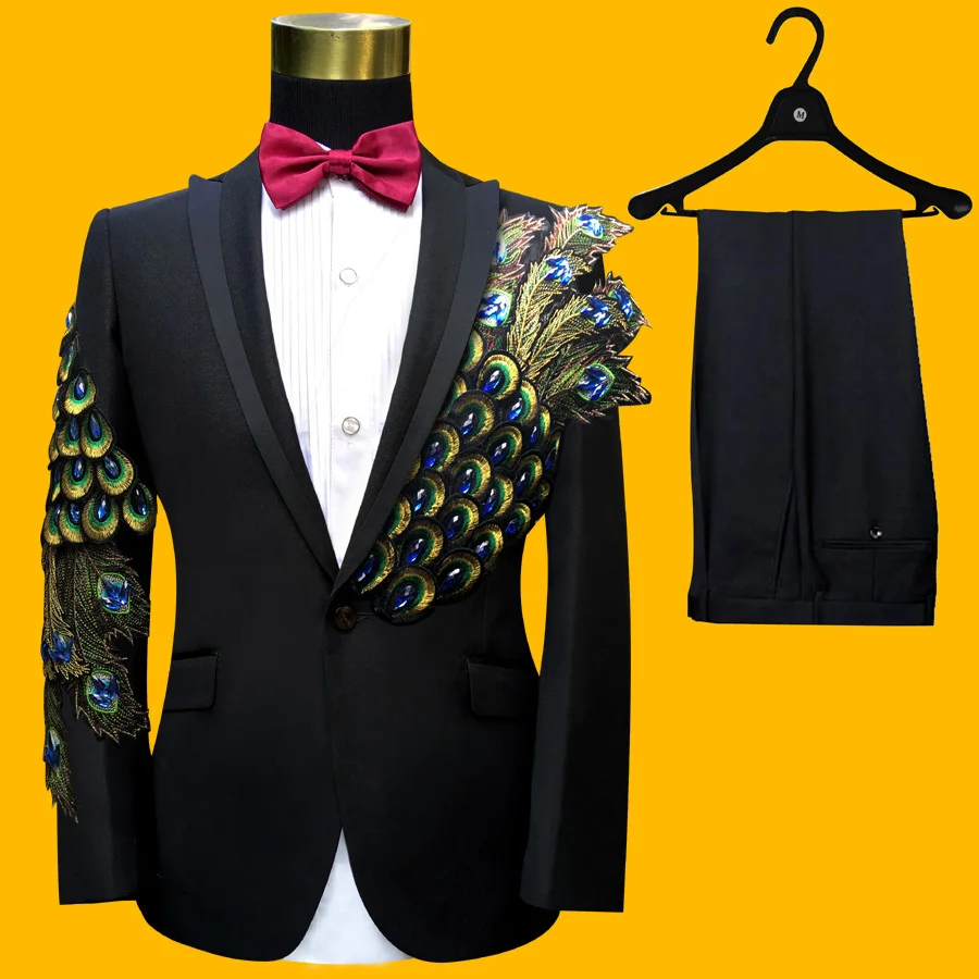 Black suit tail Розовый Смокинг пиджак+ брюки с бусинами костюм мужской сценический костюм смокинг для свадьбы размера плюс 4XL розовый королевский синий белый черный красный костюм жениха - Цвет: Black suit tail
