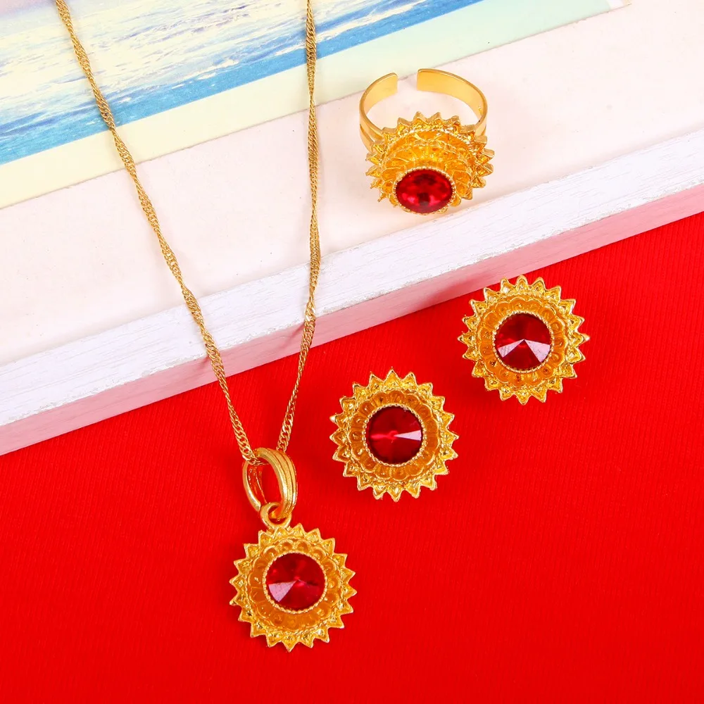 Красный с сине зеленым камнем комплект ювелирных изделий из эфиопского золота