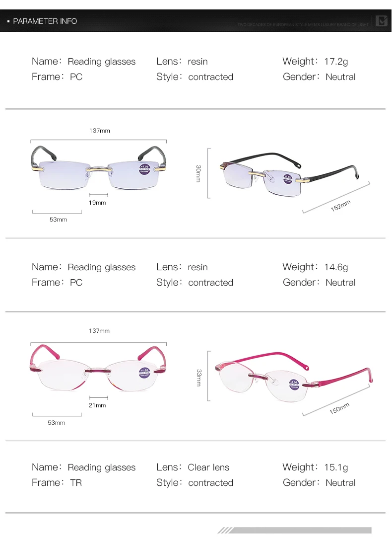Rimless Reading Glasses Square Computer Blue Light Blocking Glasses Frameless Far Sight Eyeglasses Presbyopia Hyperop Eyewear