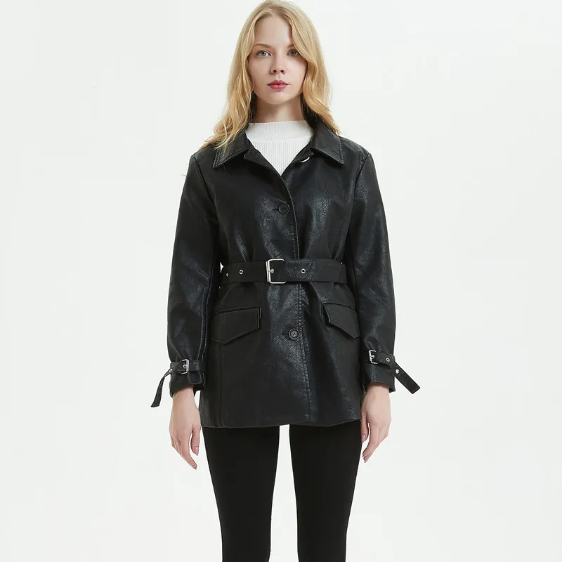 Женская длинная куртка из ПУ кожи с поясом|Кожаные куртки| |