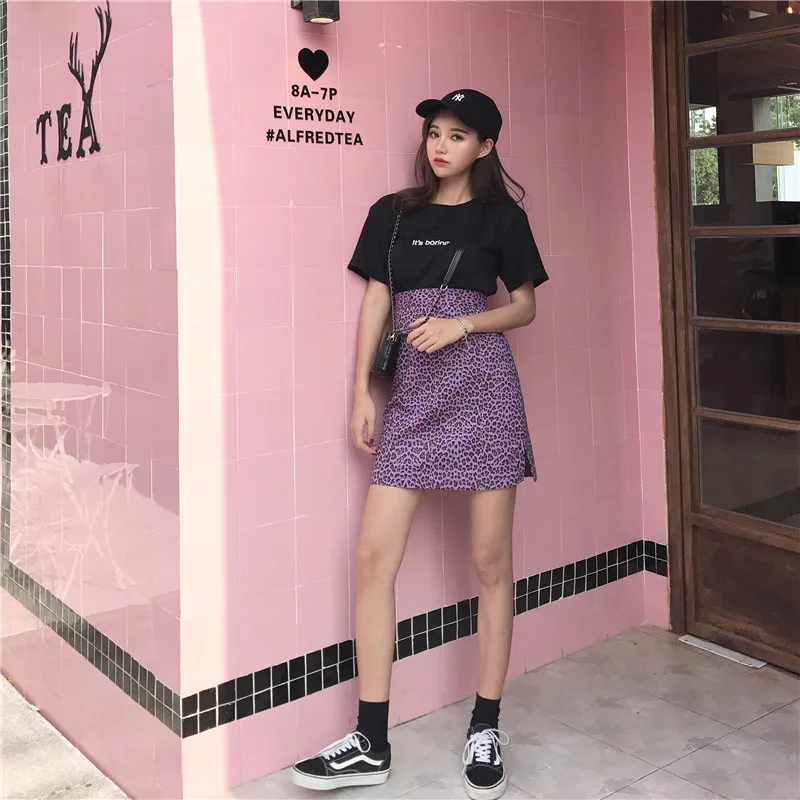2018 Новая женская винтажная фиолетовая мини юбка с леопардовым принтом Harajuku