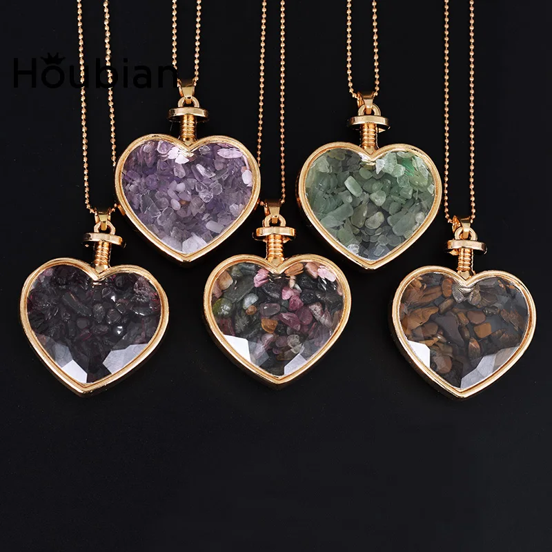 New Natural Fluorite Beads Chip Clear Glass Heart shaped Wish Box Wishing Bottle Charms Pendant Necklace Jewelry | Украшения и