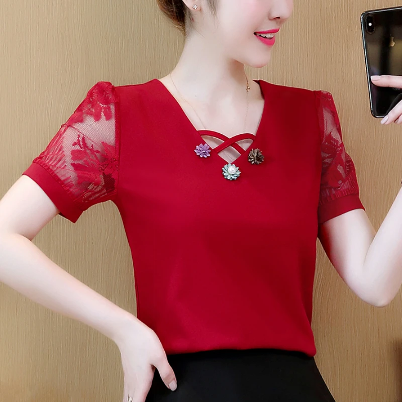 Женские топы и блузки с коротким рукавом шифоновая блузка рубашка модные женские