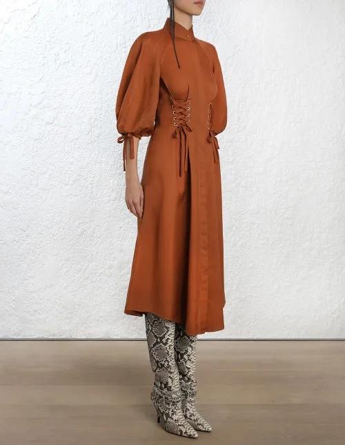 Осенне зимнее новое длинное платье с рукавами фонариками модное высокое