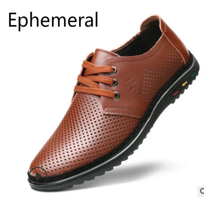 

Man Lace Up Shoes Cow Leather Round Toe Flat Shoes Cut Outs Breathable Real Footwear Soft Sole Breathable Anti-skip Brown Black