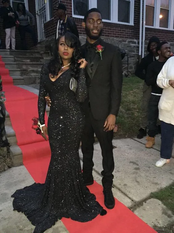 Черное платье Русалка с длинным рукавом и V образным вырезом|sequin mermaid prom dress|mermaid