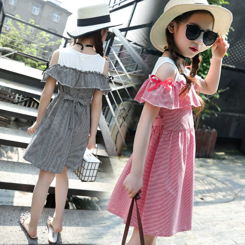 striped patchwork little baby girl dress summer 2018 ruffles off shoulder cotton children dresses princess clothing |
